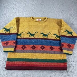 Vintage Amano Sweater 100% Wool Large XL Pullover Striped Horses Multicolor